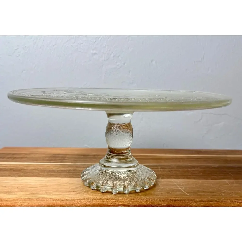 Vintage Jeannette Harp Lyre Cake Stand | Mid Century Pressed Glass Dessert